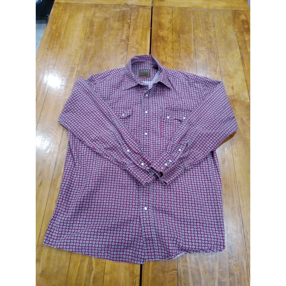 Roper Western Shirt  Large Red Geometric All Over Print Button Down Mens Pearl